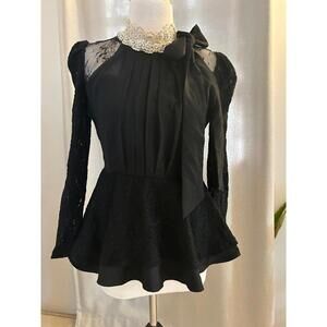 Rare SSIIN Korea Black Lace Pearl Bow Peplum Top M– Victorian Goth Coquette Y2K